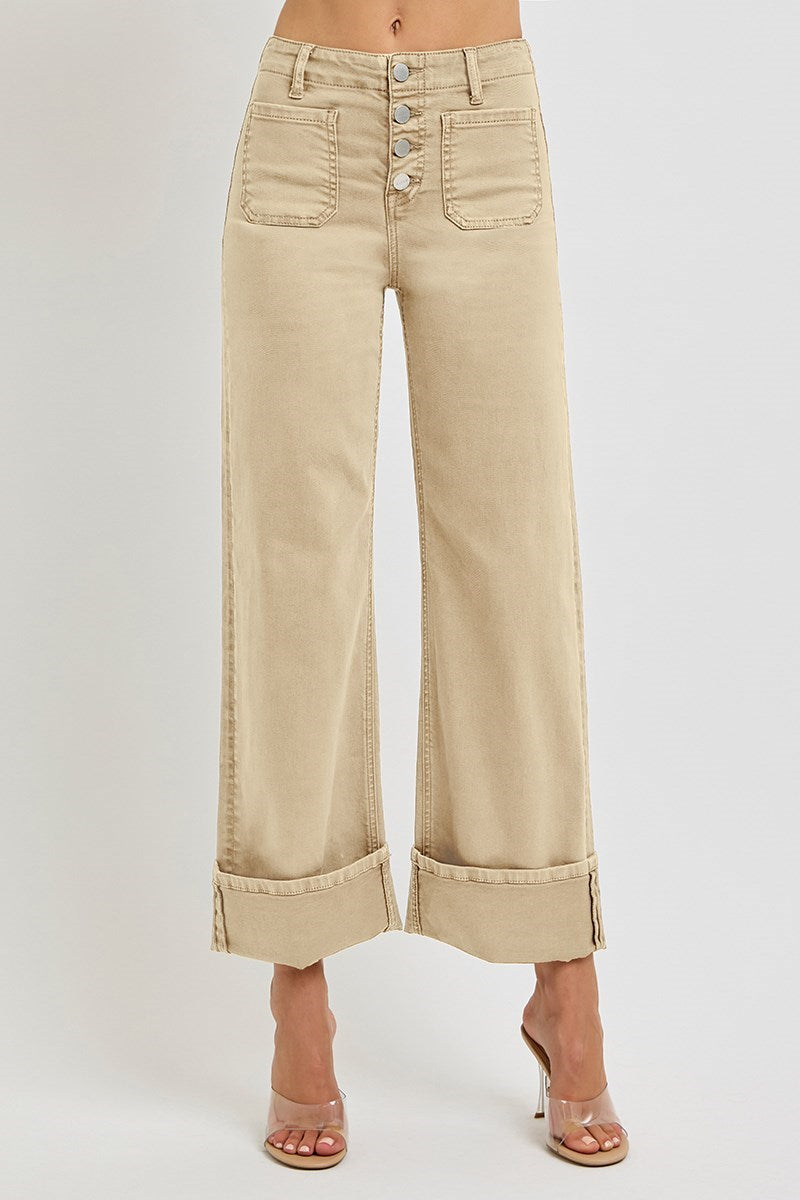 Risen High Rise Wide Leg Front Patch Pocket Cuffed Jeans