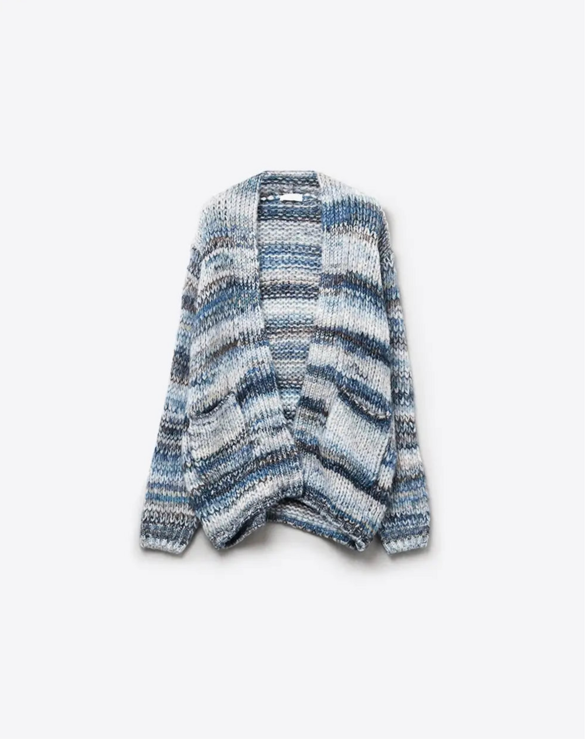 Oversized MottledStriped Long CardiganWith Pockets- Blue