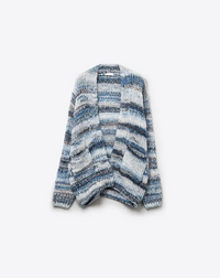 Oversized MottledStriped Long CardiganWith Pockets- Blue