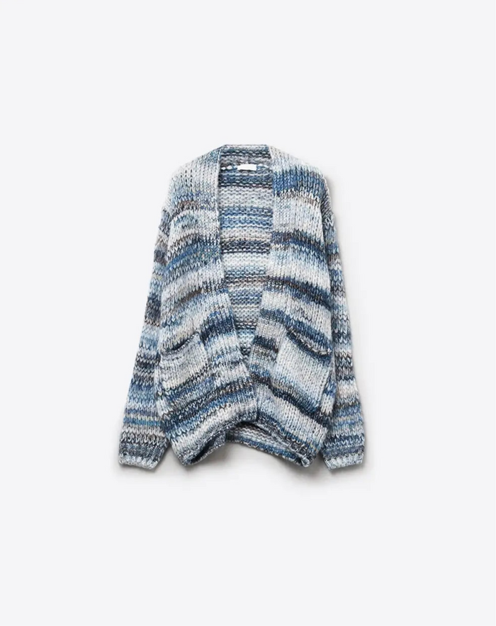 Oversized MottledStriped Long CardiganWith Pockets- Blue