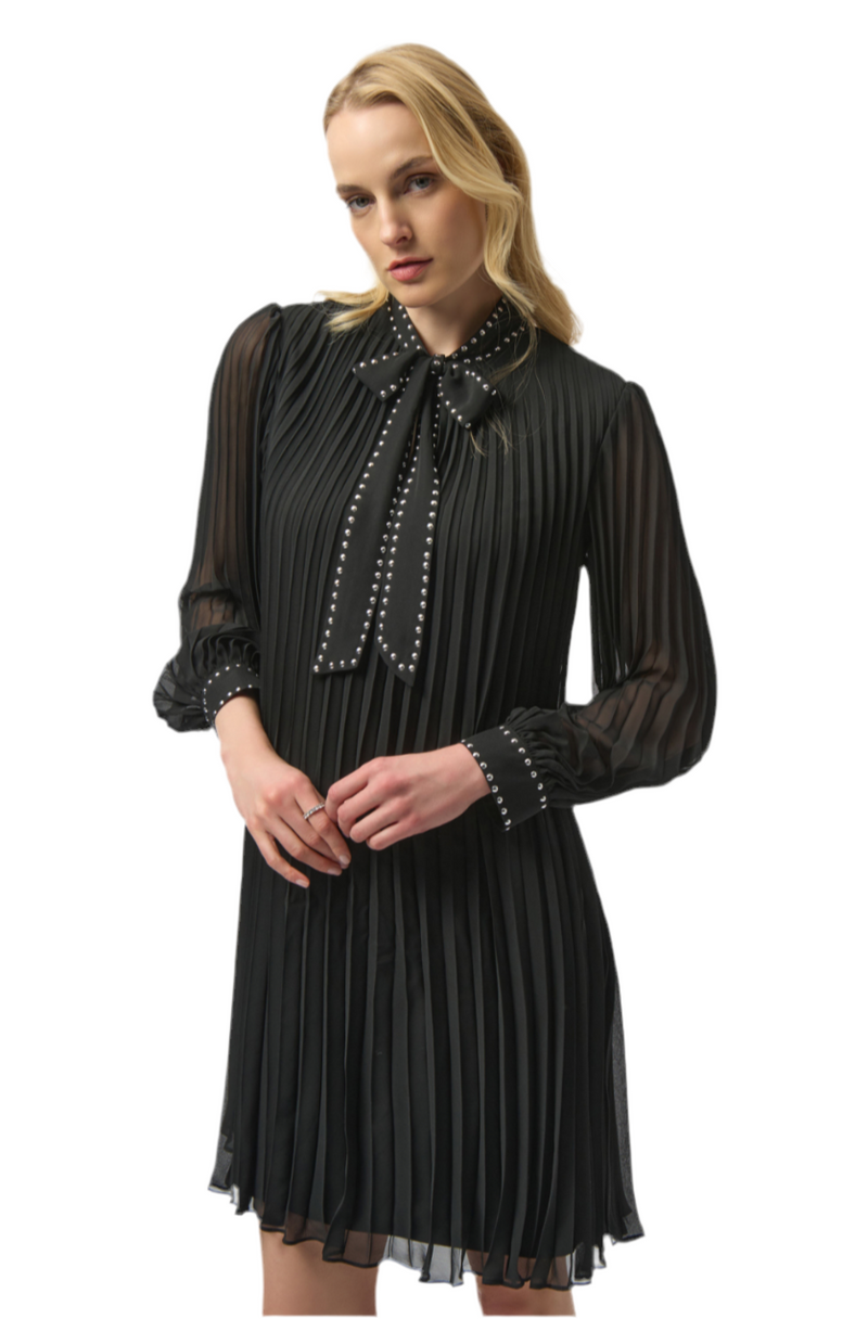 Joseph Ribkoff Pleated Chiffon Aline Dress with Neck Tie