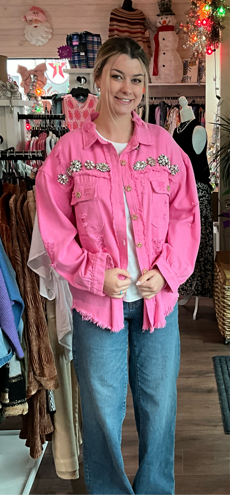 Pink Jeweled Distressed Denim Jacket