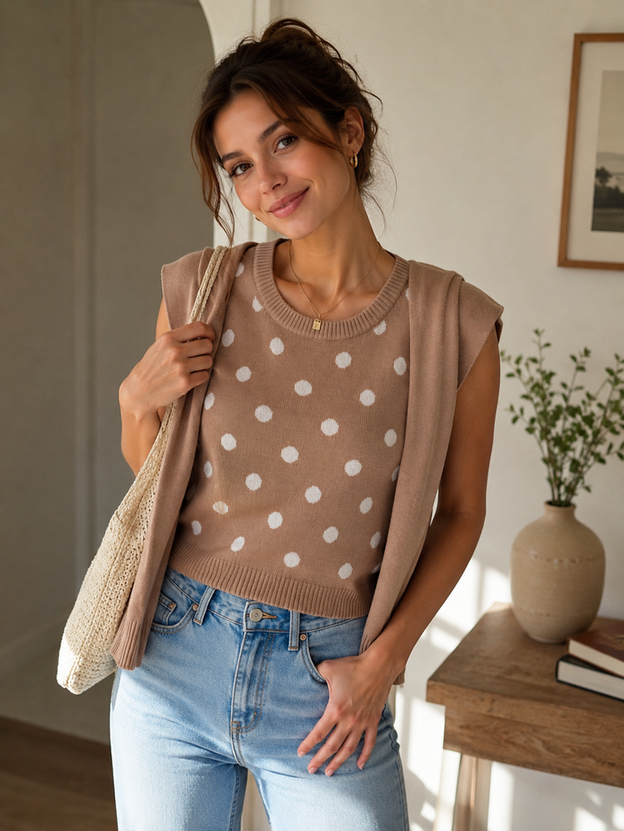 Caramel Polka Dot Sleeveless Top