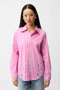 Joseph Ribkoff Stretch Cotton Stripe Print Boxy Blouse With Rhinestones