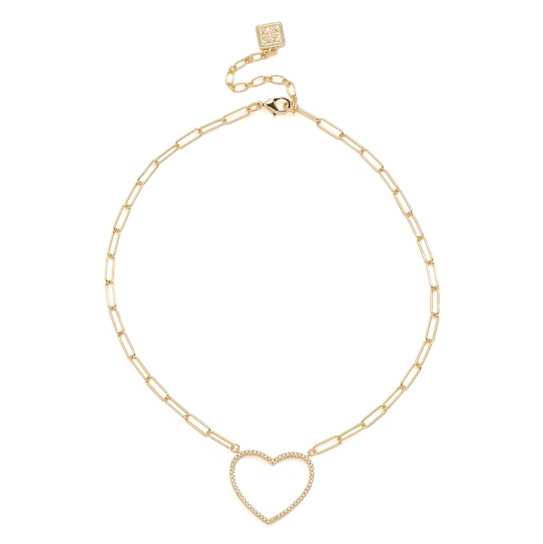 Paperclip Link Collar Necklace With Pavė Heart Charm