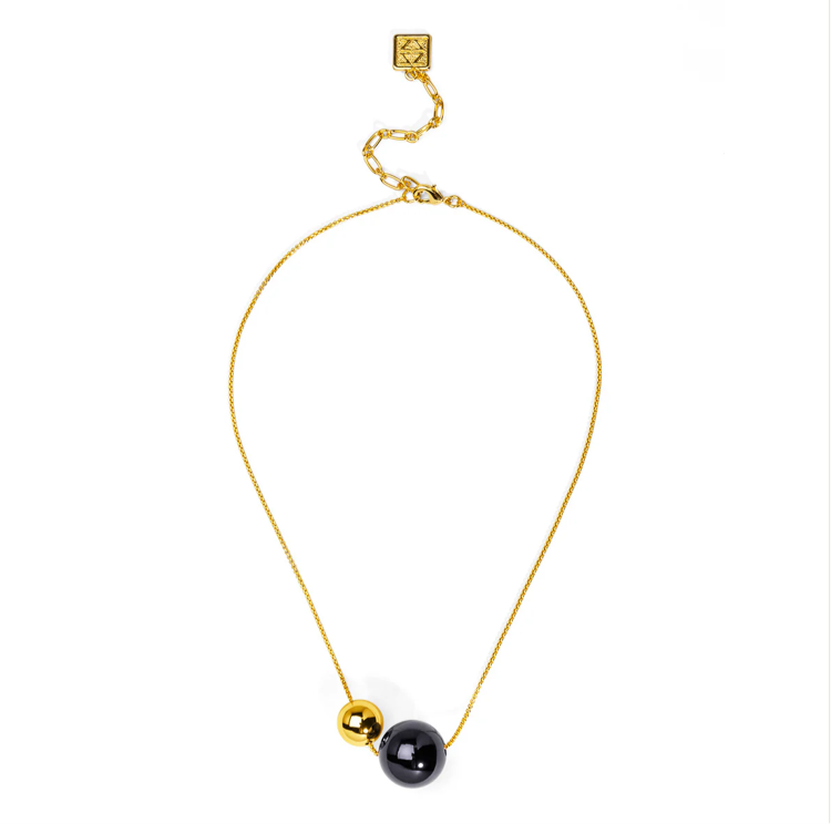 Metallic Double Beads Short Necklace - Black