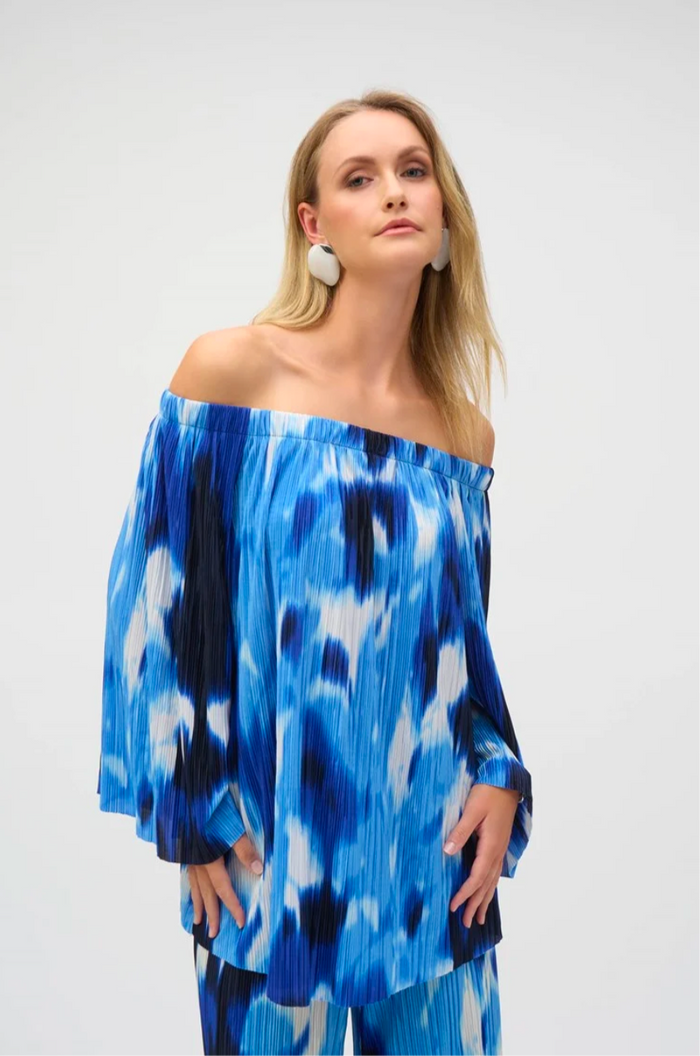 Pleated Novelty Tropical Print Off-Shoulder Top