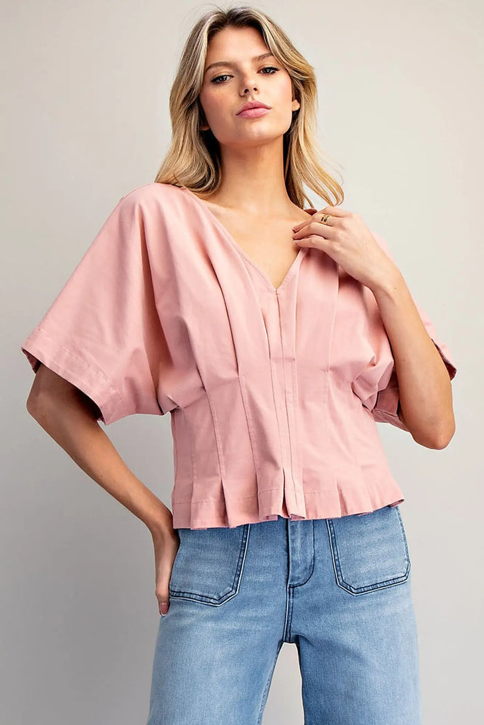 EE:SOME Mineral Washed V-Neck Pleated Top