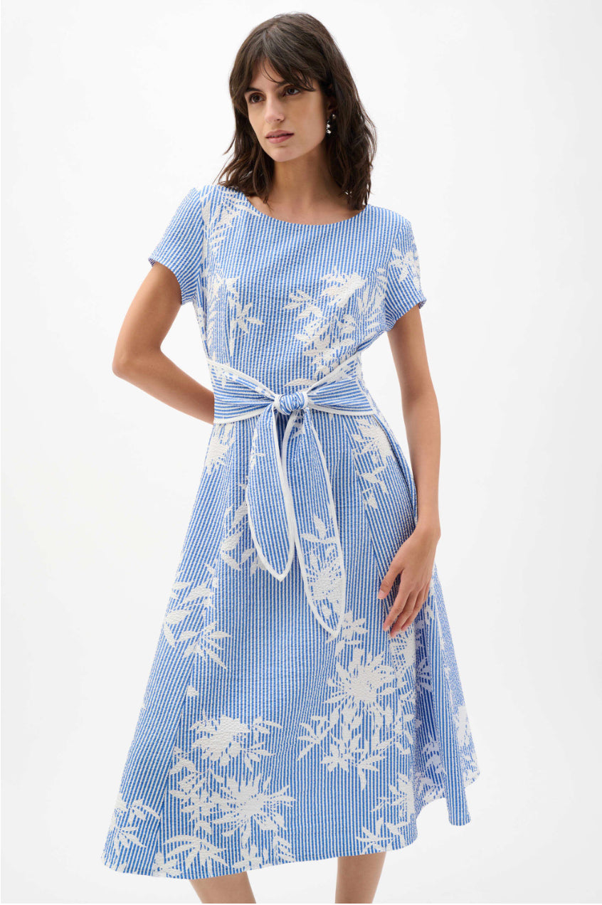 Woven Seersucker Floral Print Fit And Flare Dress