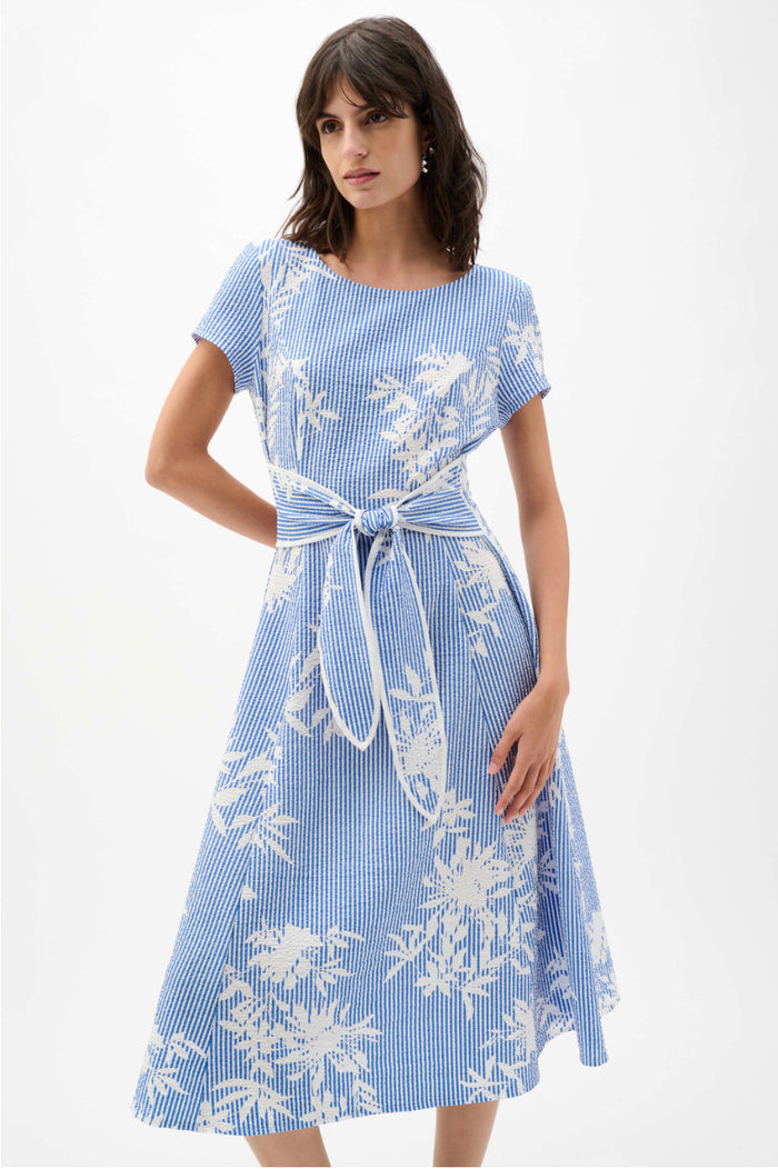 Woven Seersucker Floral Print Fit And Flare Dress