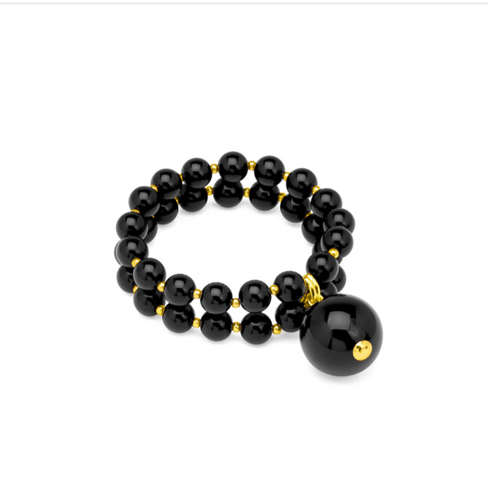 Two Strand Resin Beaded Strech Bracelet - Black