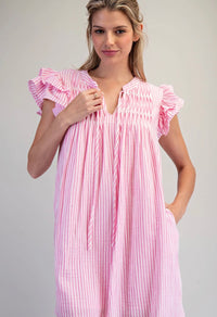 Pink Striped Drawstring Mini Dress