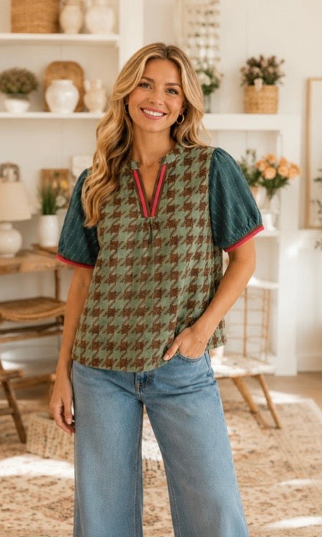 Hunter Green Houndstooth Jacquard Top