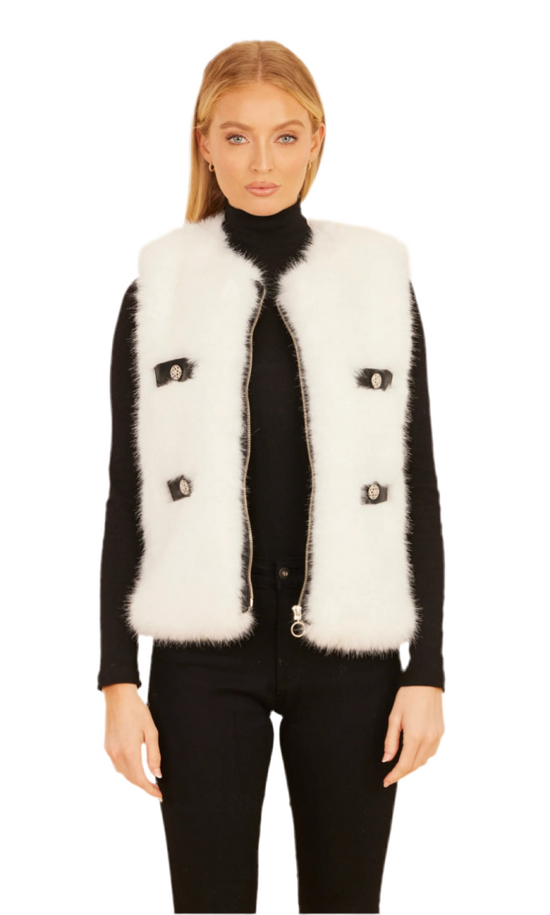 DolceCabo White/Black Faux Fur Lux Vegan Leather Trimmed Vest