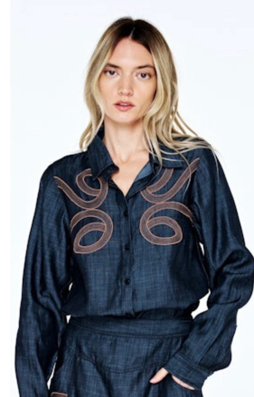 Midnight Mesa Embroidered Button-Up Top