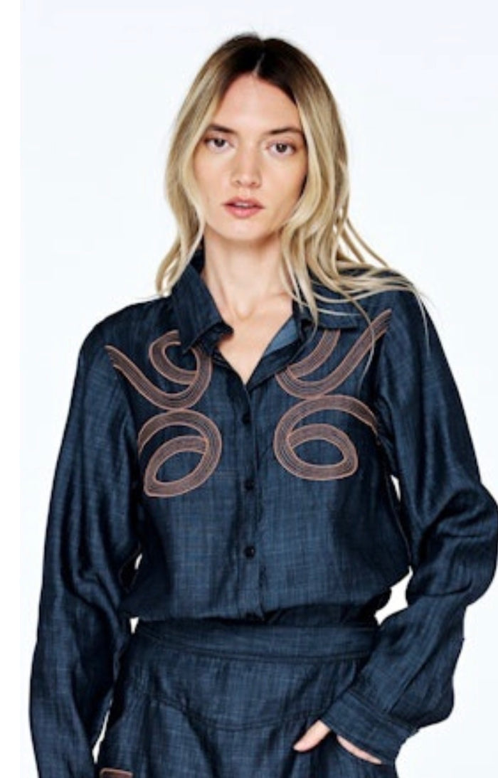 Midnight Mesa Embroidered Button-Up Top
