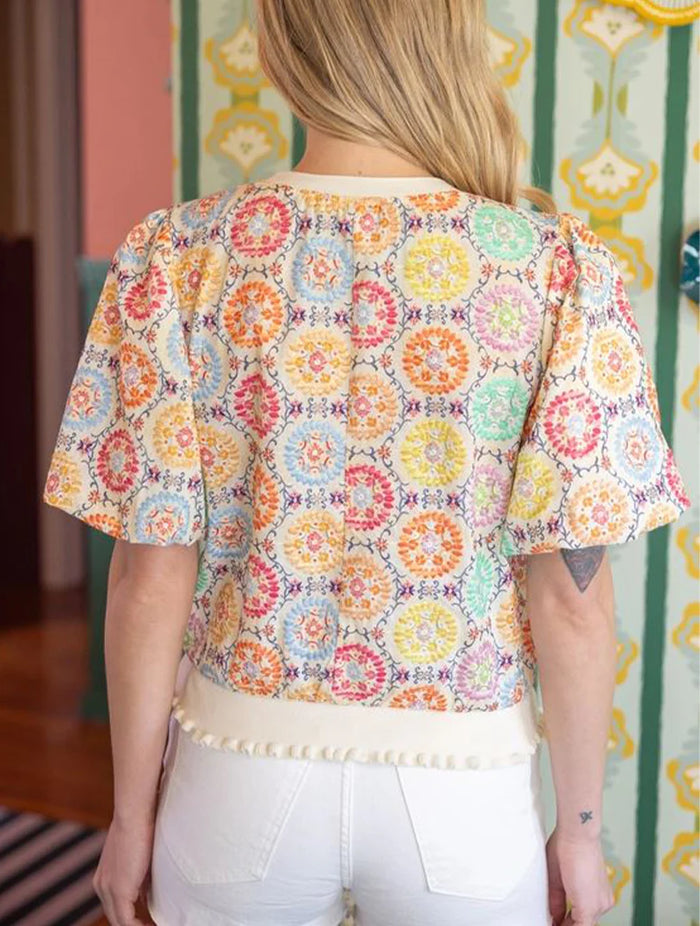 Floral Embroidered Print Bubble Sleeve Top