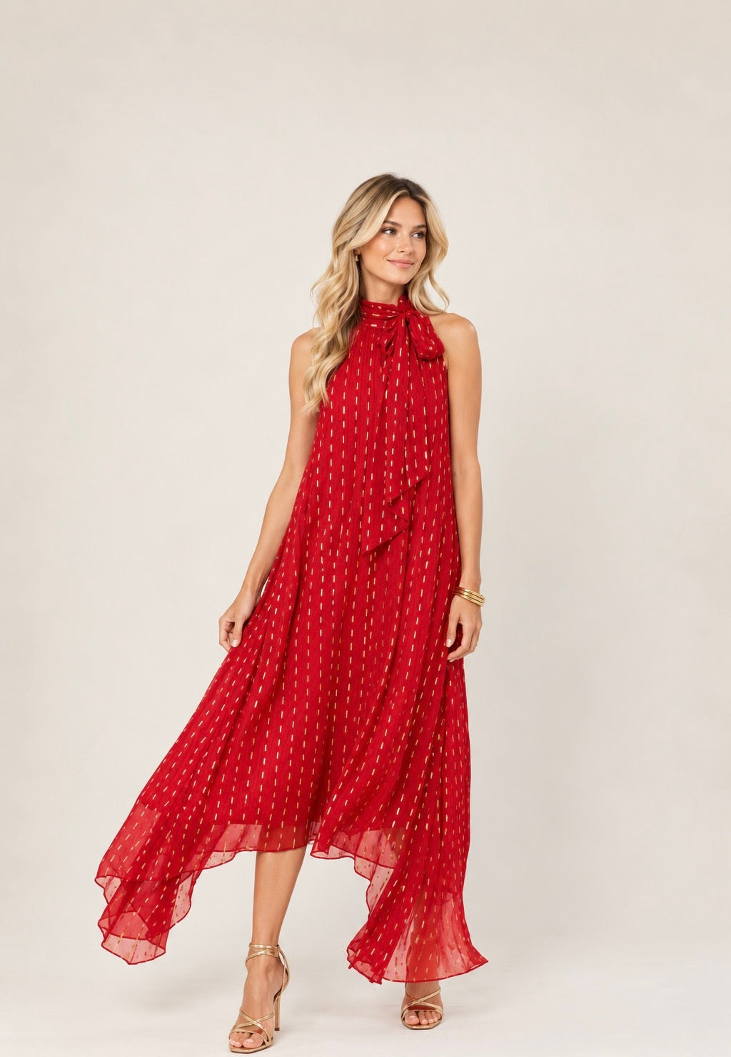 Red Metallic Halter Maxi