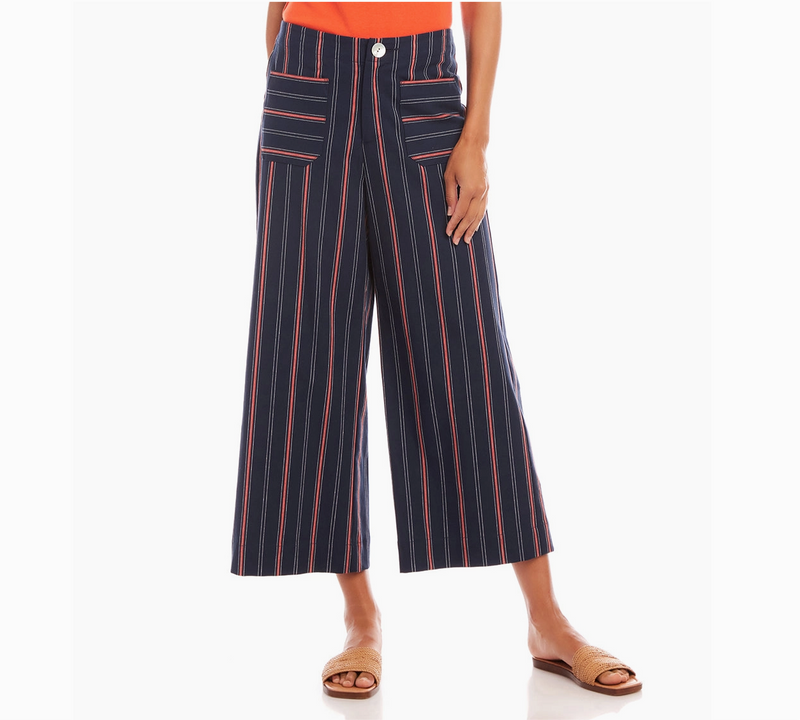 Navy With Orange Stripe Cropped Wide Leg Pants