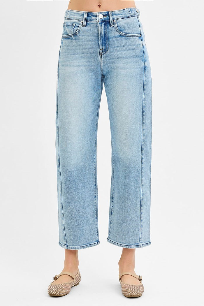 Risen High Rise Crop Barrel Jeans Adjustable Waistband