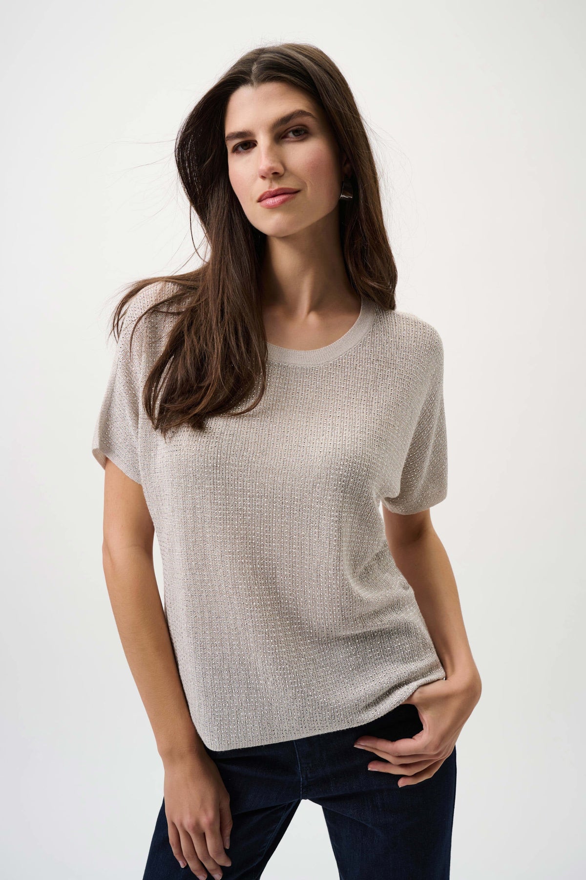Joseph Ribkoff Metallic Knitted T-shirt with Rhinestones