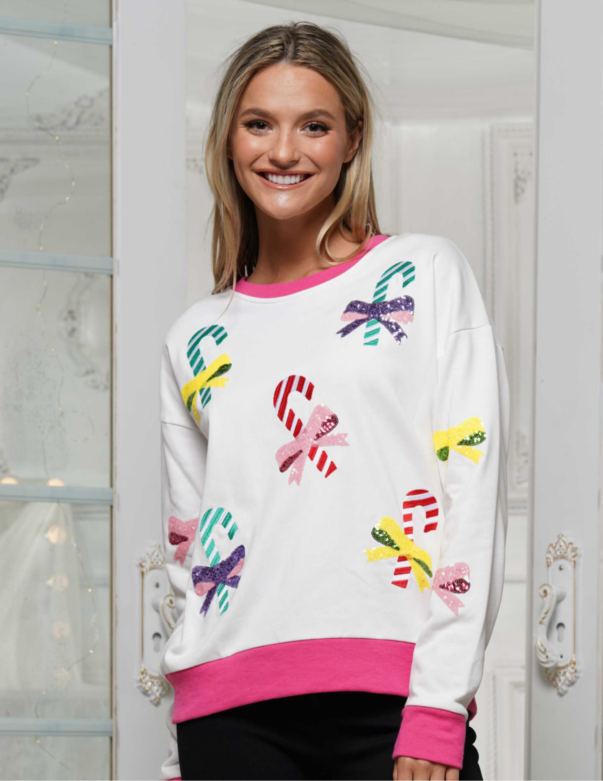 Sequin Candy Cane Bow Sweatshirt