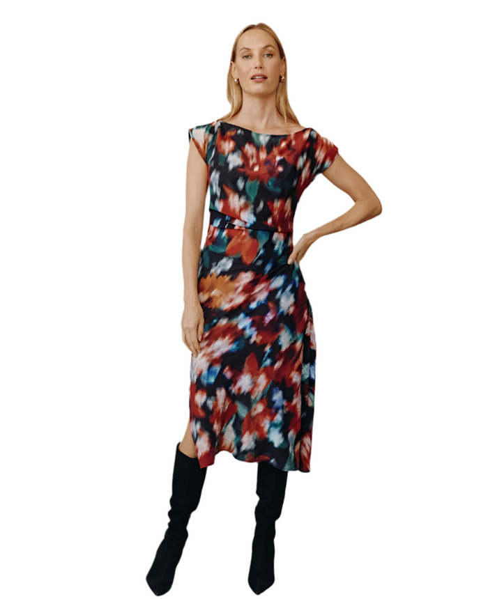 Boat Neck Midi Dress - Blurred Floral Print
