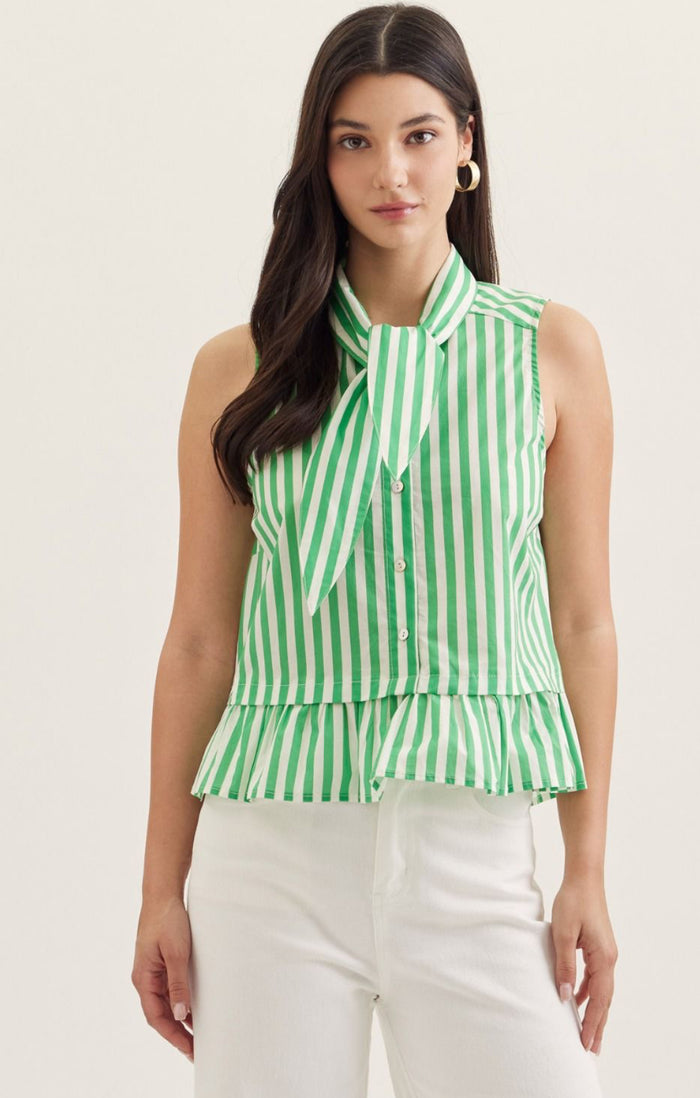 Green Striped Sleeveless with Tie Neck
