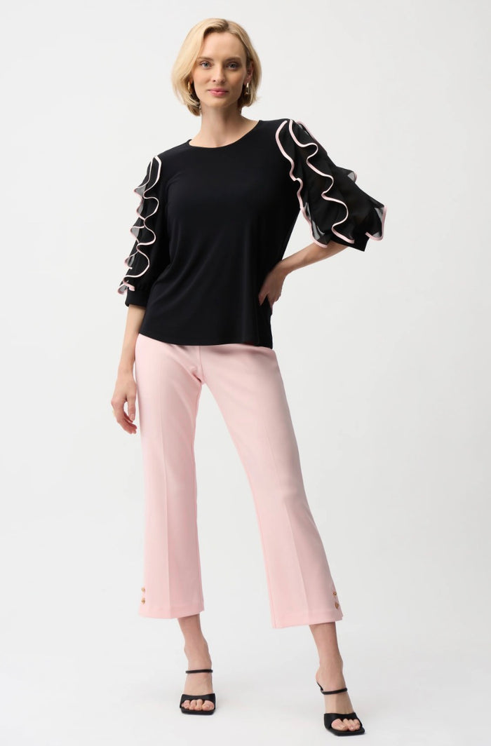 Joseph Ribkoff- Silky Knit Top With Chiffon Ruffle Sleeve