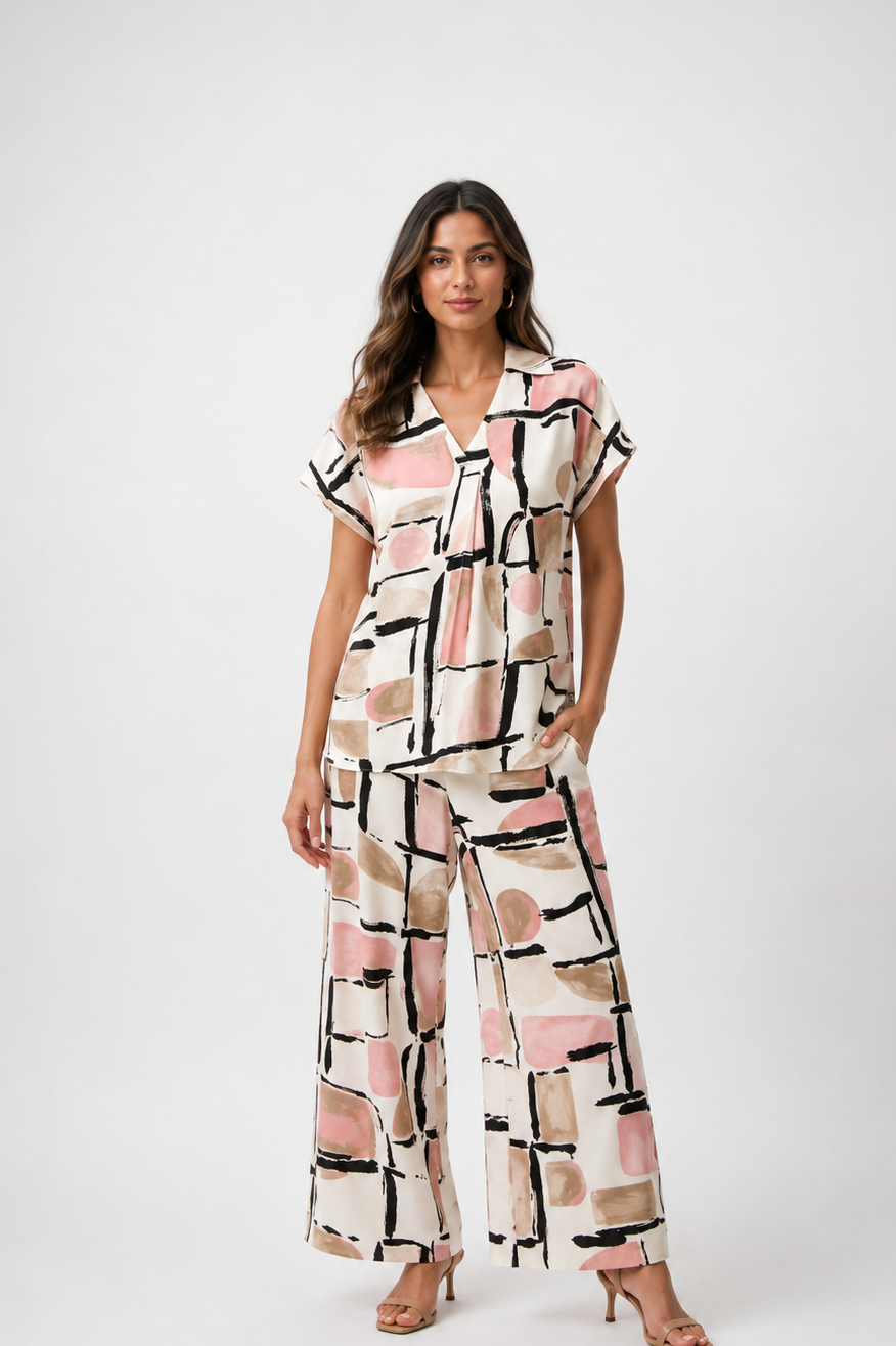 Joseph Ribkoff Recycled Satin Abstract Print Boxy Top With V-neckline