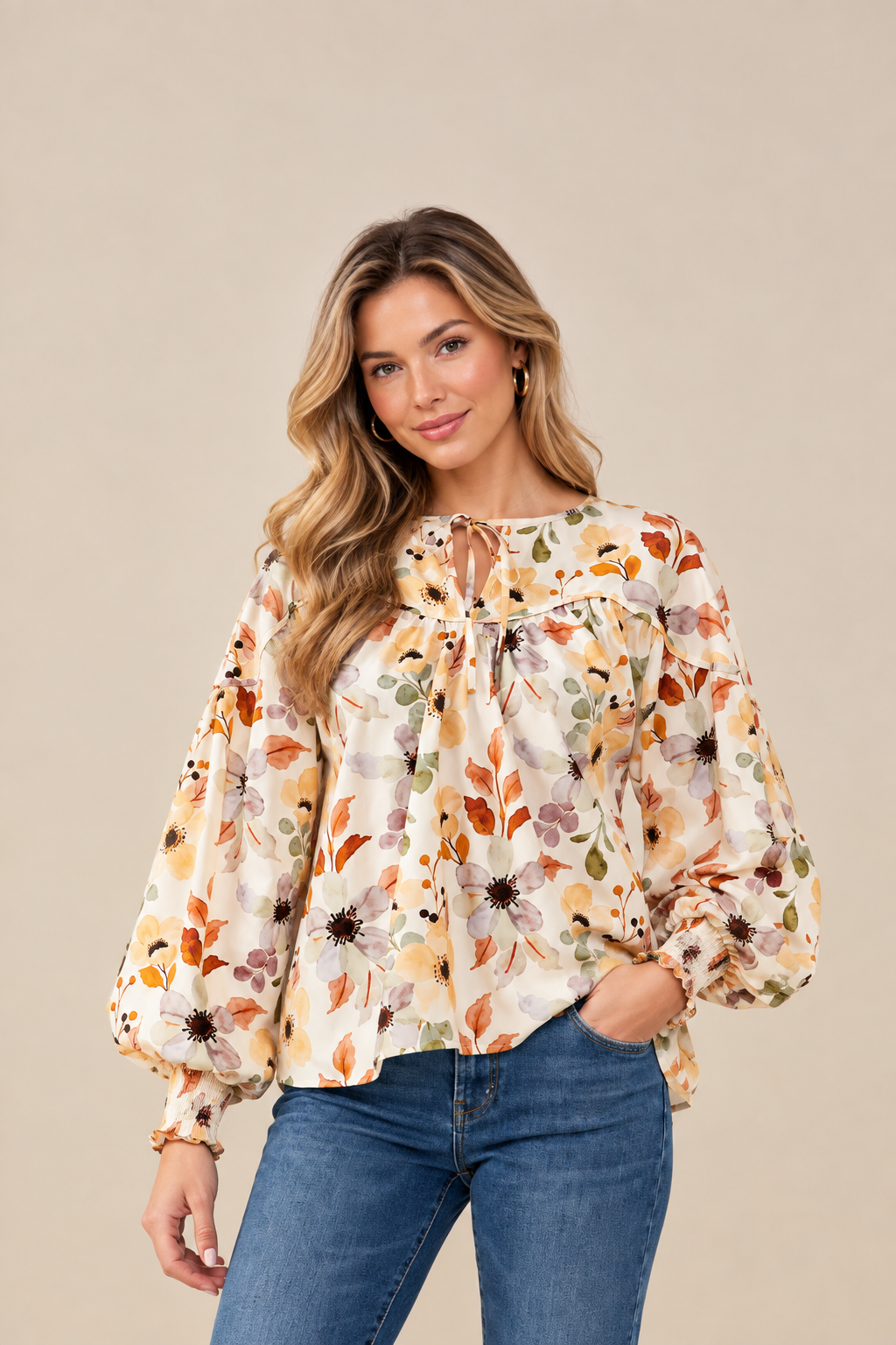 Foliage Printed Tie Detail Piped Top