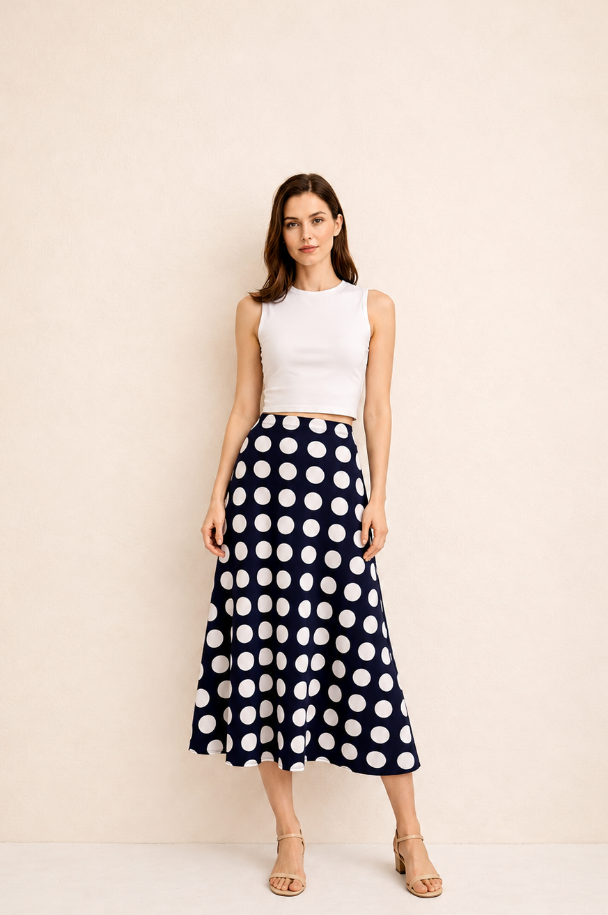 Polka Dot Navy Print Midi Skirt