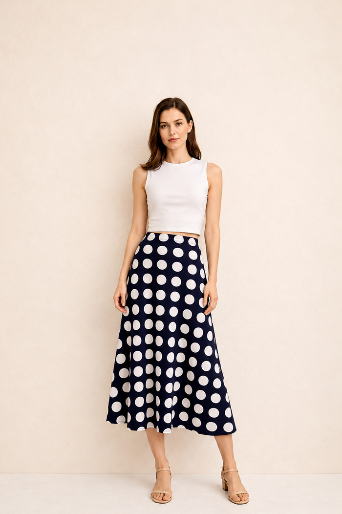 Polka Dot Navy Print Midi Skirt