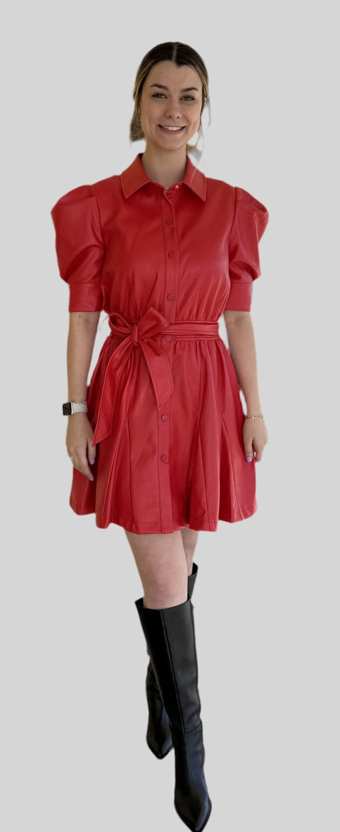 DolceCabo Red Vegan Leather Puff Sleeve Dress