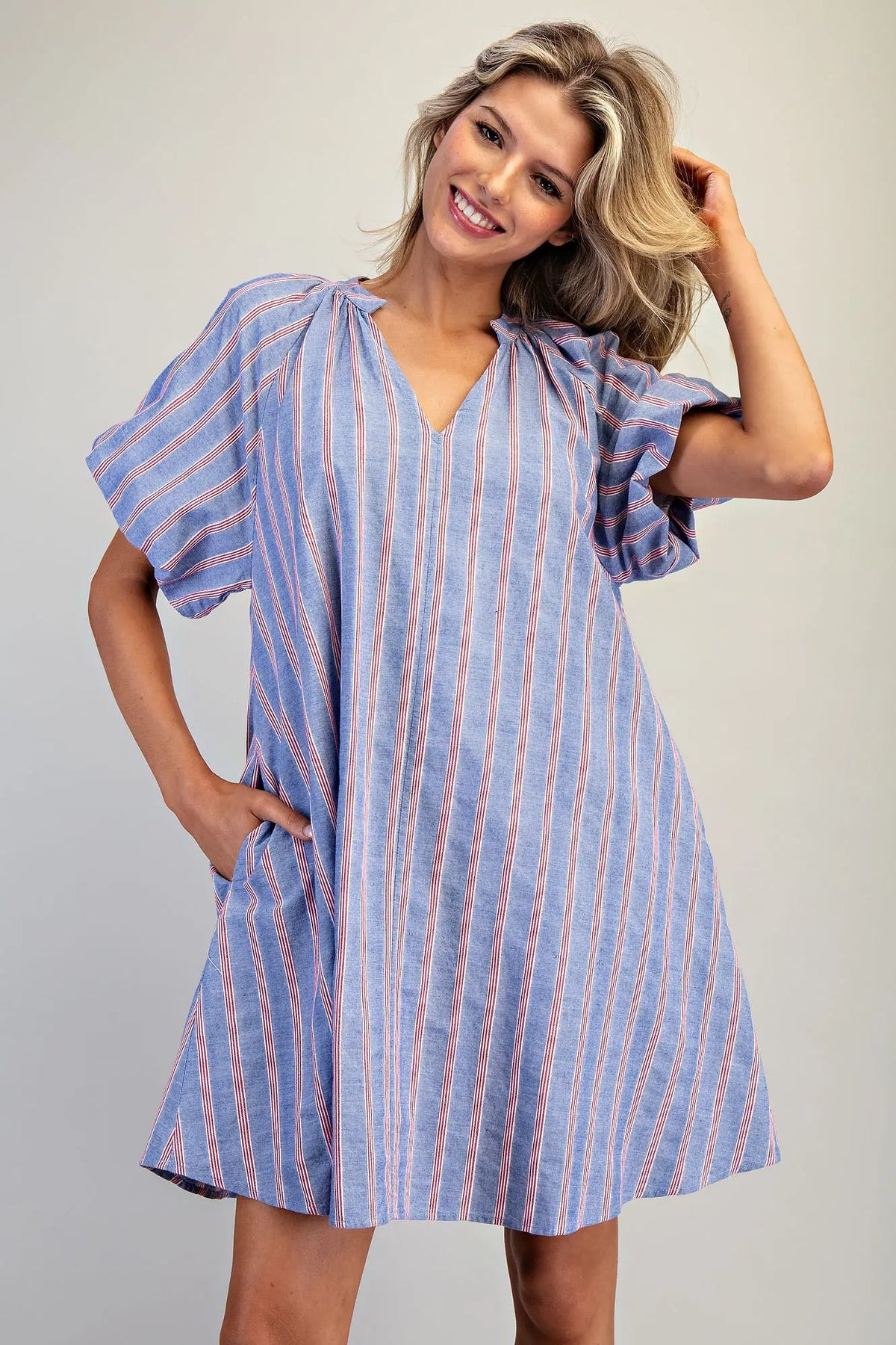 Cobalt Cherry V-Neck Striped Puff Sleeve Dress
