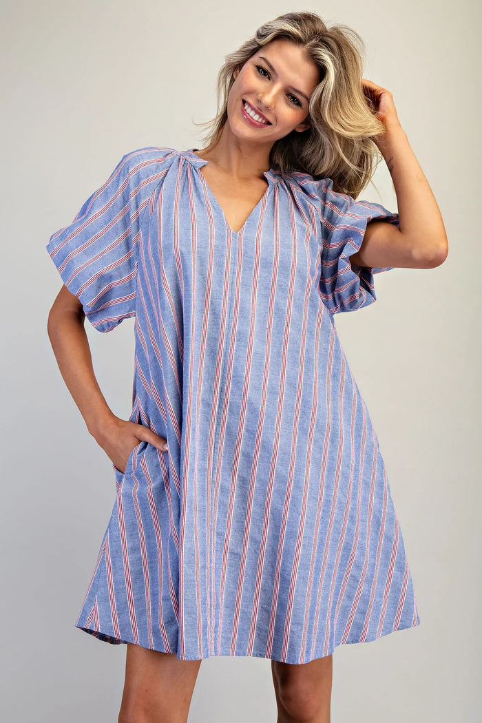 Cobalt Cherry V-Neck Striped Puff Sleeve Dress