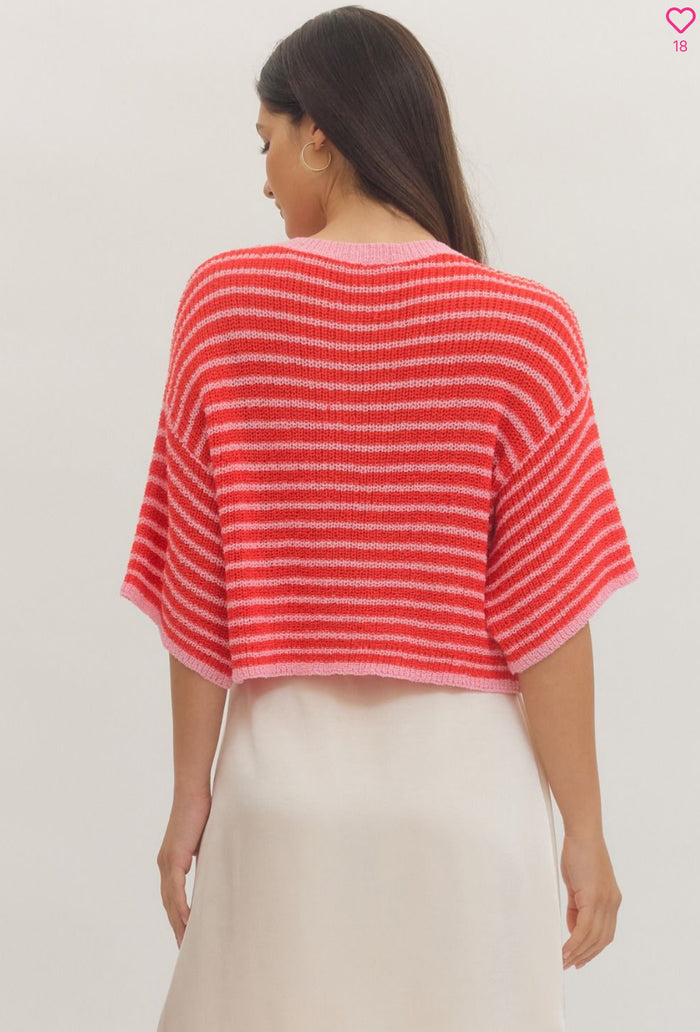 Red & Pink Stripe Short Sleeve Sweater