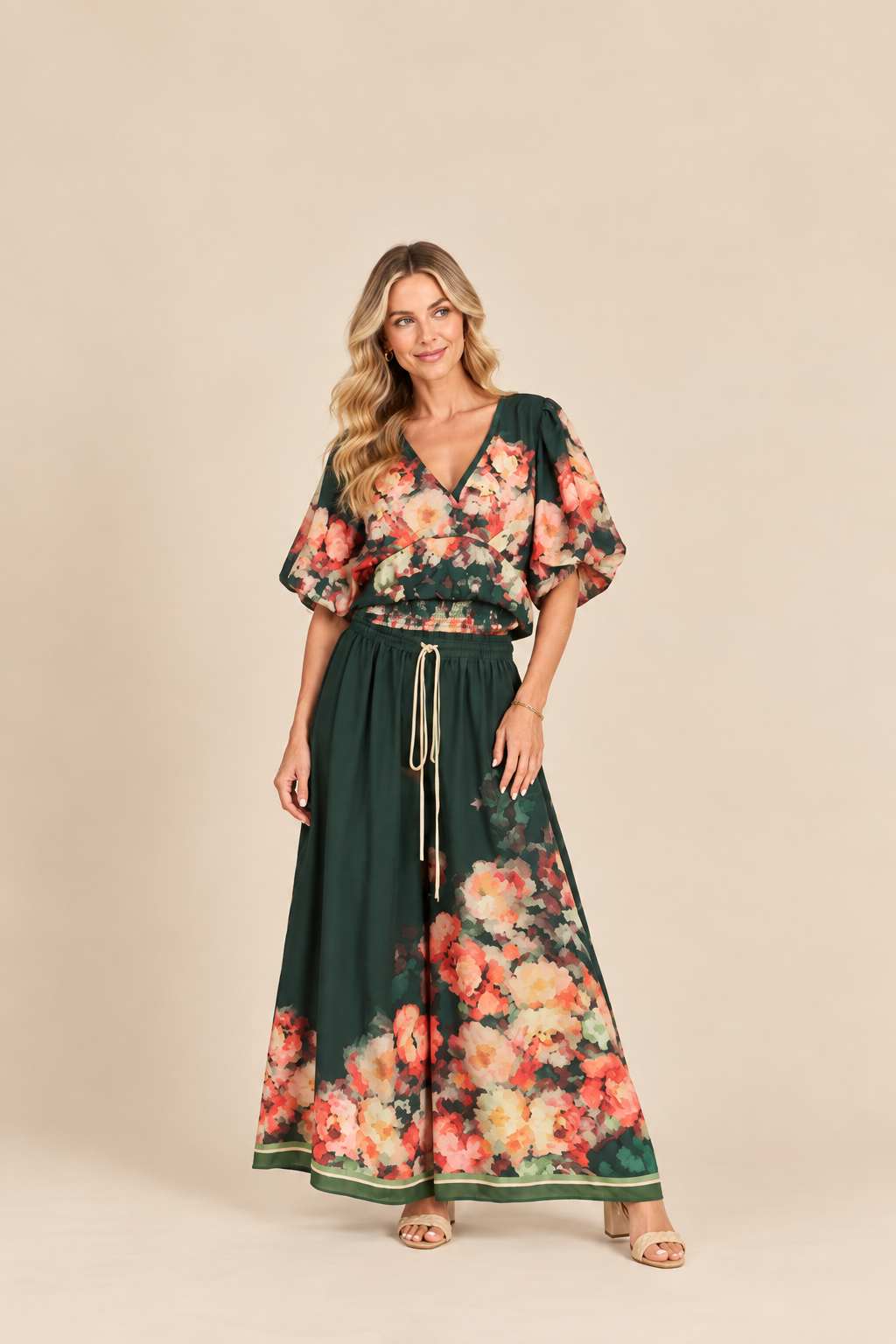 Floral Border Wide-Leg Pants