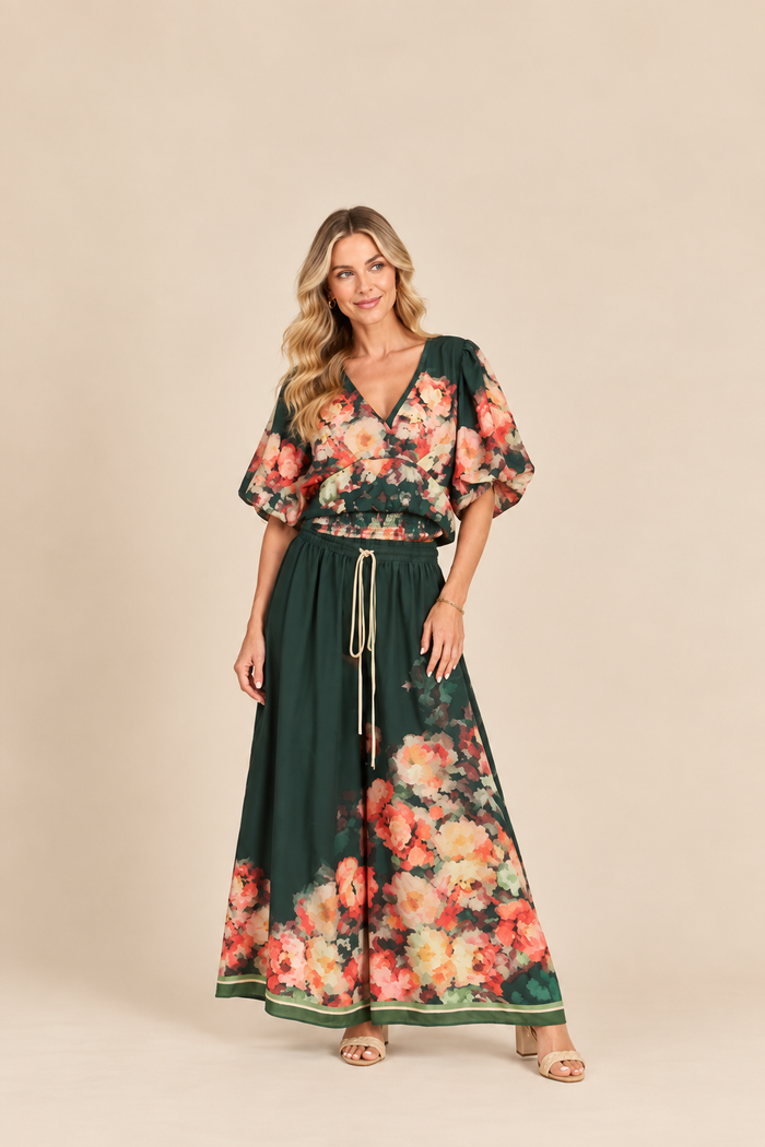 Floral Border Wide-Leg Pants