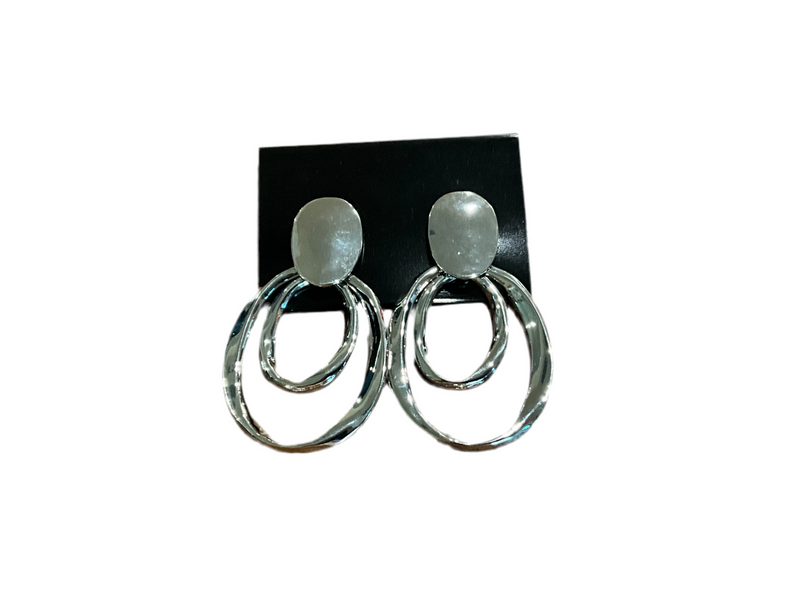 Silver Double Circle Drop Clip Earrings