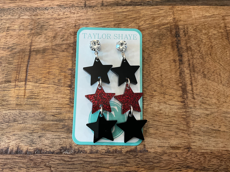 Black and Red Triple Star Earrings