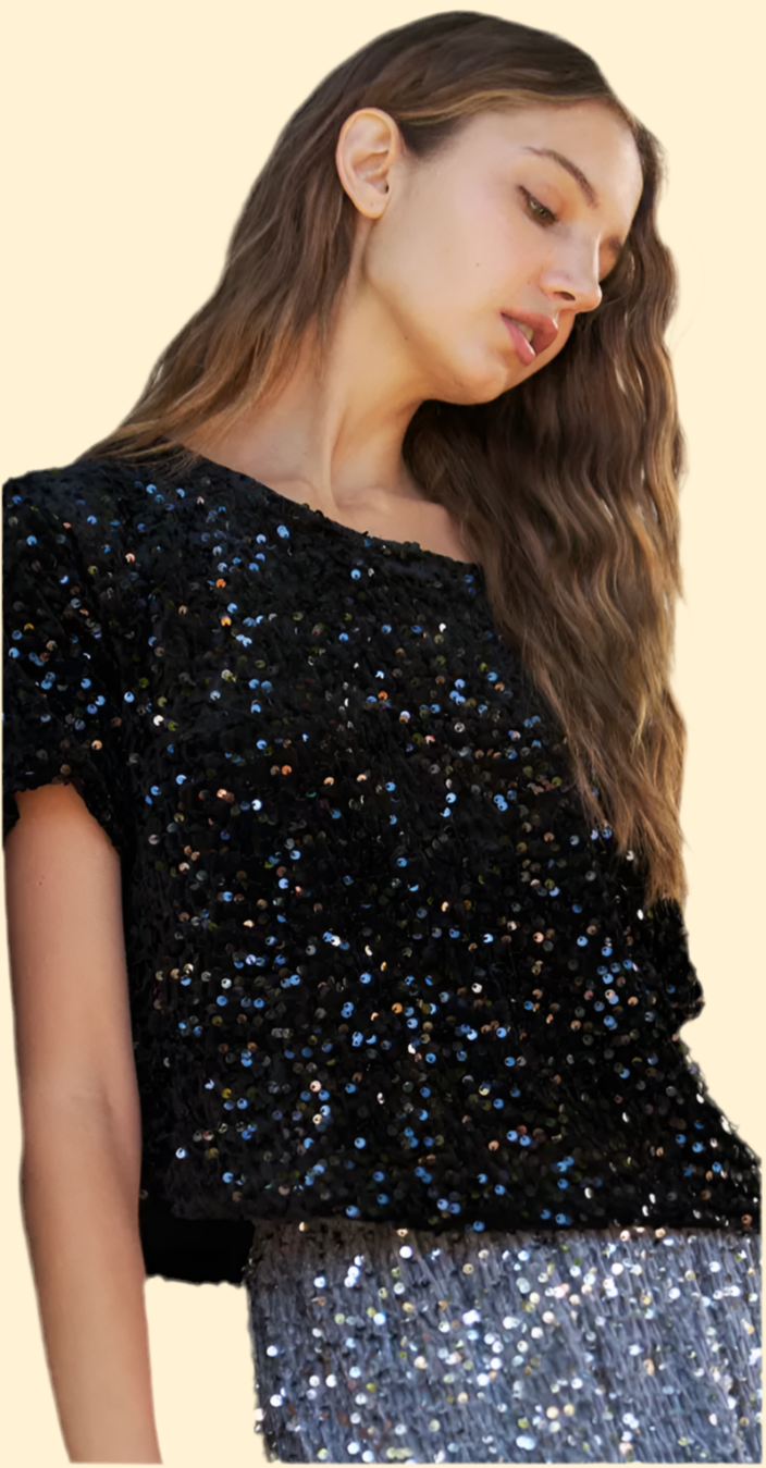 SHORT SLEEVE SEQUINED CROP TOP