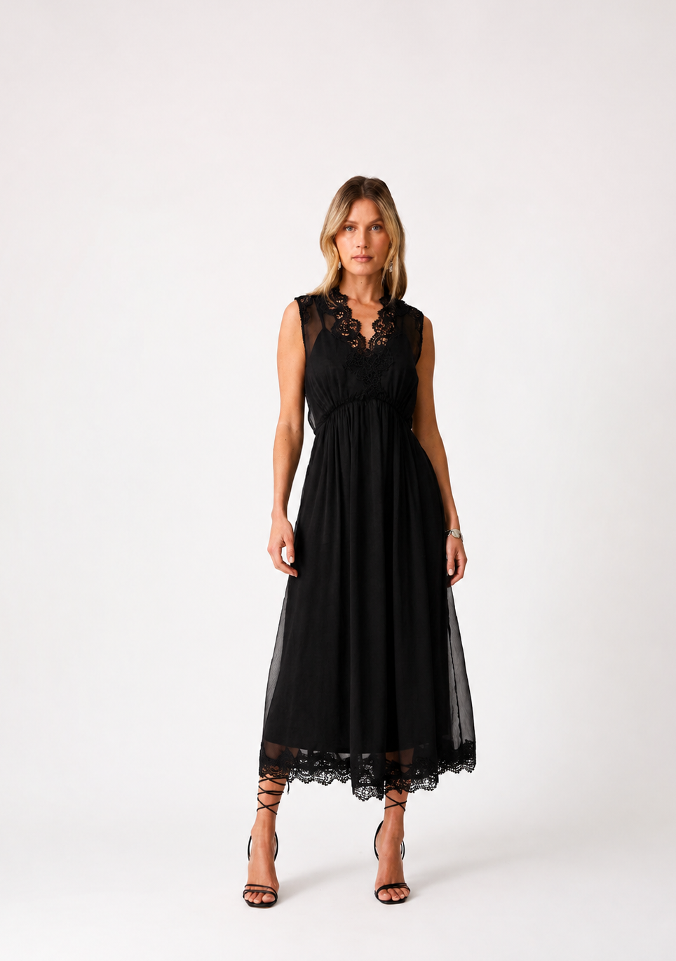 Sleeveless V Neck Lace Trim Midi Dress