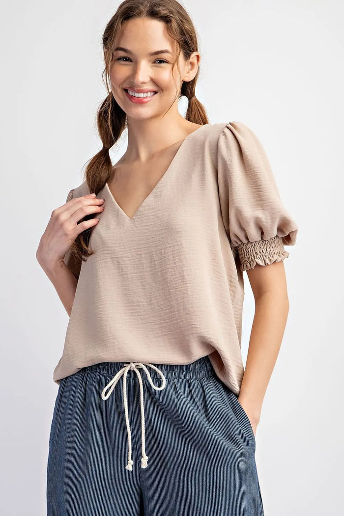 EE:SOME Short Sleeve Smocked Blouse