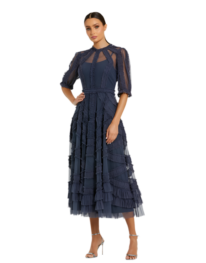 Mac Duggal High Neck Puff Sleeve Ruffle Tiered Dress