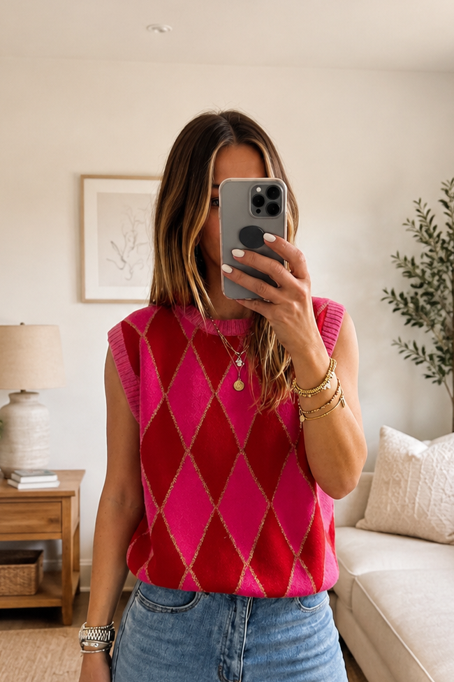Love Glitter Trim Rhombus Pattern Knit Sweater Vest (S-XL)
