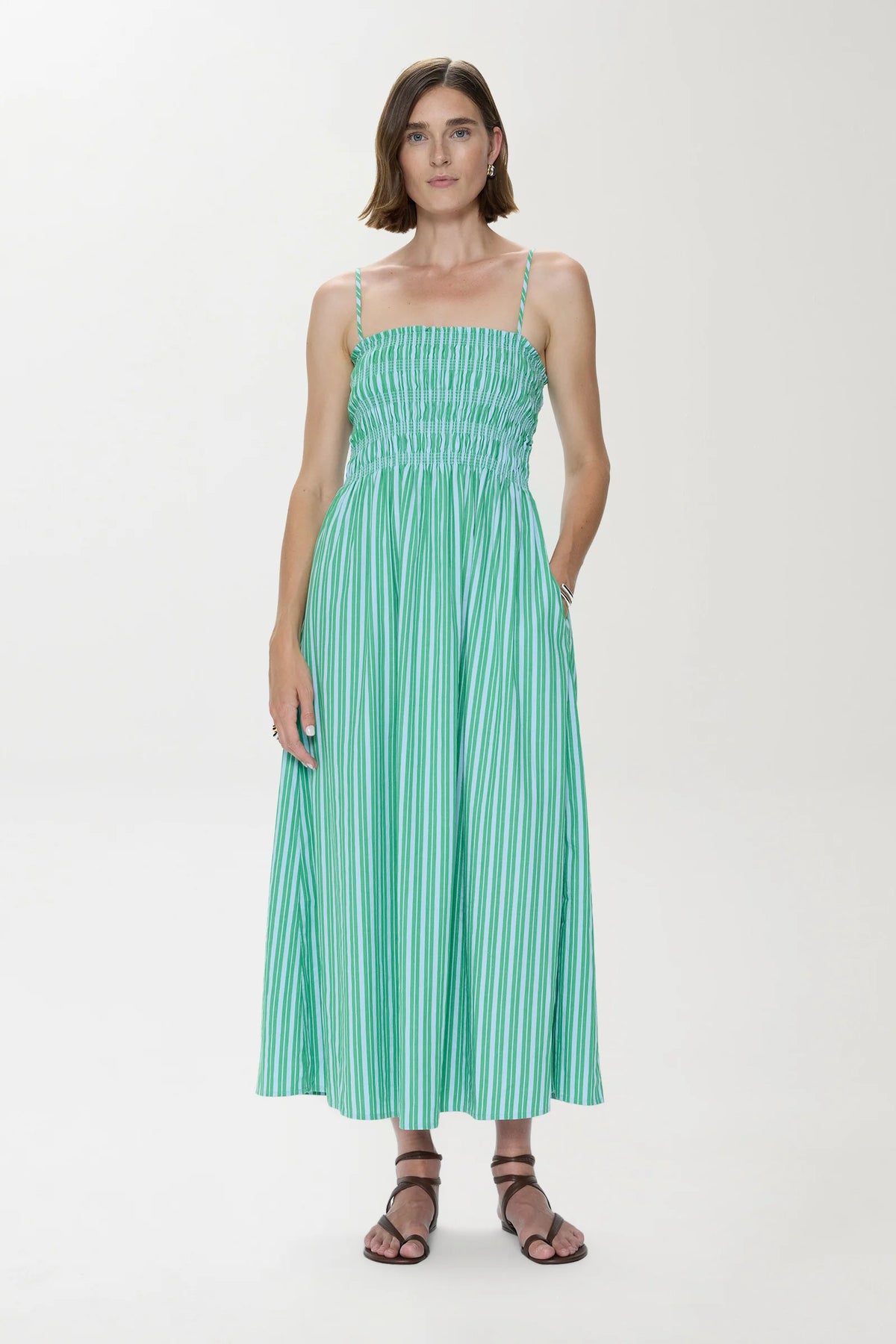 Bianca Shirred Bodice Dress- Green Blue Stripe