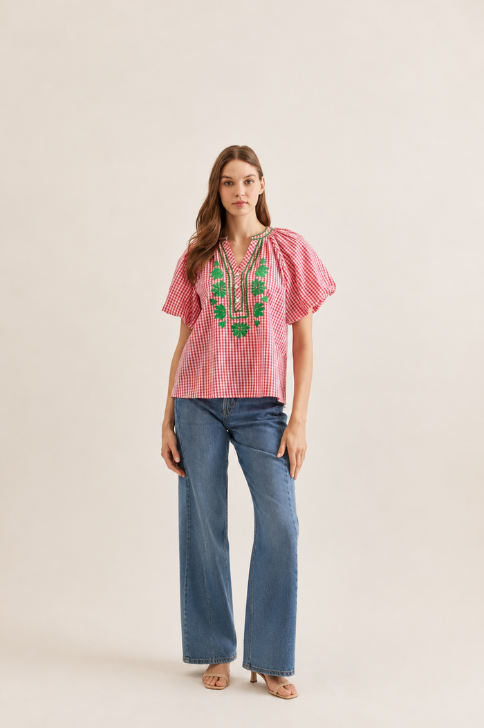 Picnic Bloom Embroidered Gingham Top