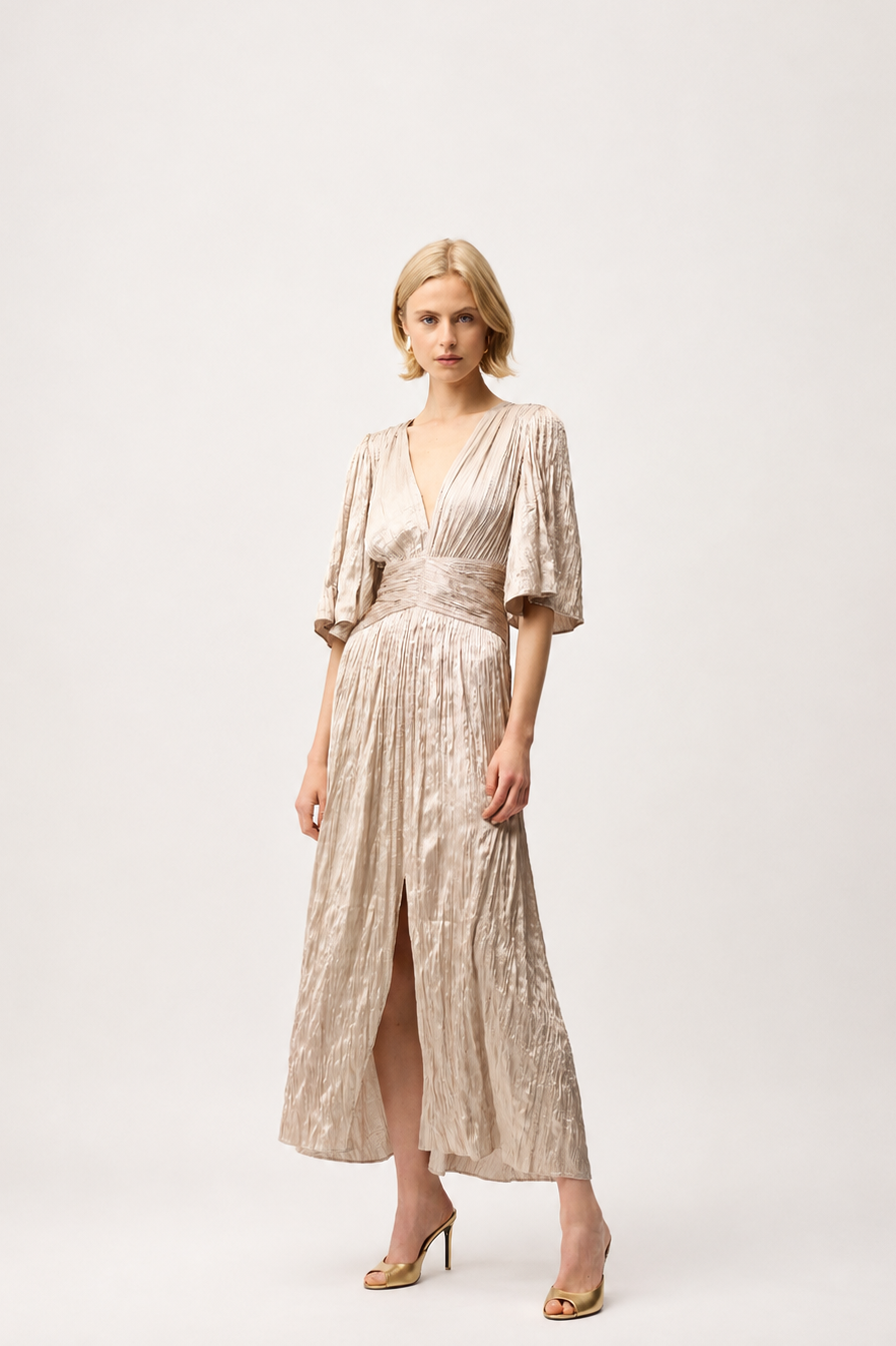 Joseph Ribkoff Satin Fit and Flare Pleated Dress with Knot Waist Detail