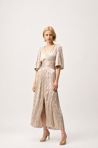 Joseph Ribkoff Satin Fit and Flare Pleated Dress with Knot Waist Detail